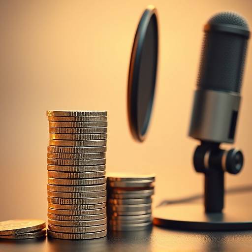 A stack of coins next to a podcasting microphone, symbolizing monetization.