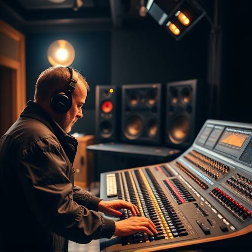 An audio engineer working on a mixing console.